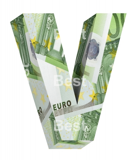 One letter from euro bill alphabet set isolated over white.