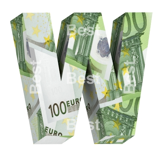 One letter from euro bill alphabet set isolated over white.