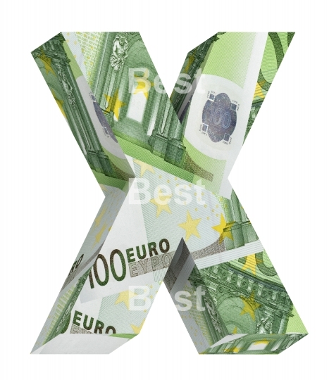 One letter from euro bill alphabet set isolated over white.