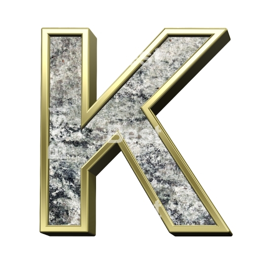 One letter from granite with gold frame alphabet set isolated over white.