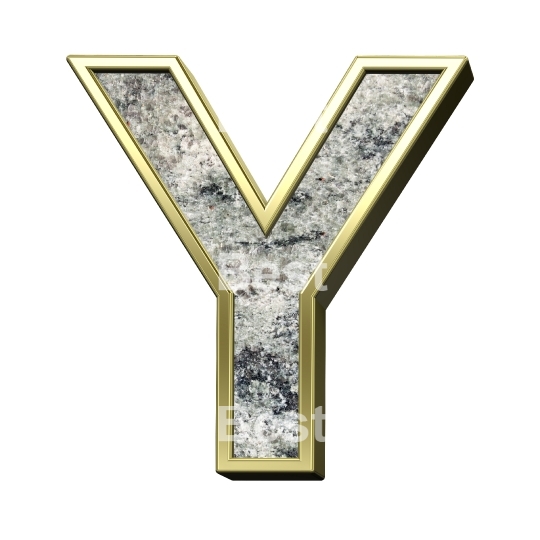One letter from granite with gold frame alphabet set isolated over white.