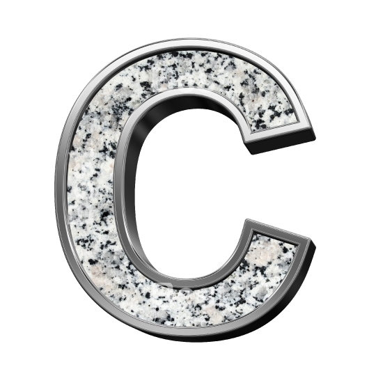 One letter from granite with silver frame alphabet set isolated over white.