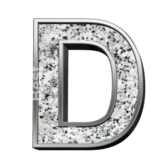 One letter from granite with silver frame alphabet set isolated over white.