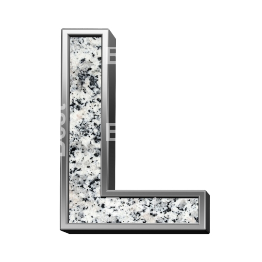 One letter from granite with silver frame alphabet set isolated over white.