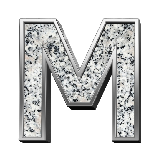 One letter from granite with silver frame alphabet set isolated over white.