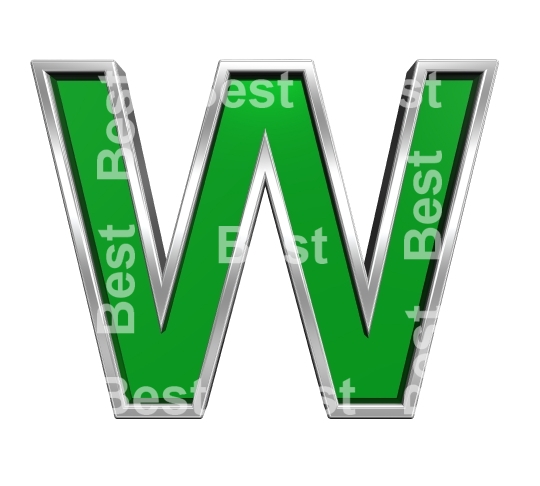 One letter from green glass with chrome frame alphabet set, isolated on white.