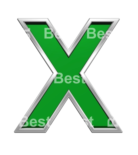One letter from green glass with chrome frame alphabet set, isolated on white.