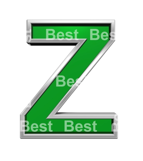 One letter from green glass with chrome frame alphabet set, isolated on white.