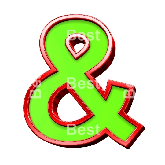 One letter from green with shiny red frame alphabet set, isolated on white. 