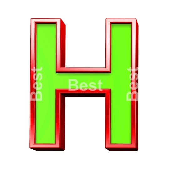 One letter from green with shiny red frame alphabet set, isolated on white. 
