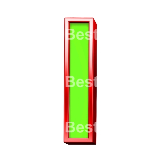 One letter from green with shiny red frame alphabet set, isolated on white. 