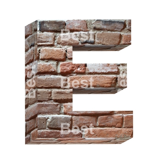 One letter from old brick alphabet set, isolated on white. 