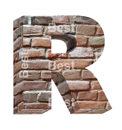 One letter from old brick alphabet set, isolated on white. 
