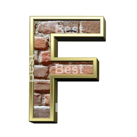One letter from old brick with gold frame alphabet set, isolated on white.