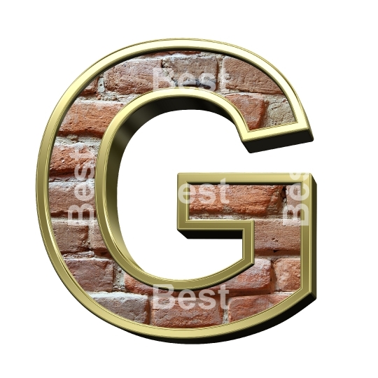 One letter from old brick with gold frame alphabet set, isolated on white.