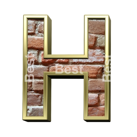 One letter from old brick with gold frame alphabet set, isolated on white.