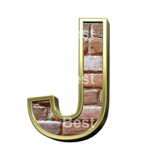 One letter from old brick with gold frame alphabet set, isolated on white.