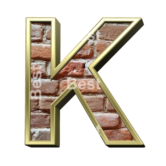 One letter from old brick with gold frame alphabet set, isolated on white.