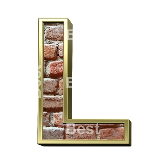 One letter from old brick with gold frame alphabet set, isolated on white.