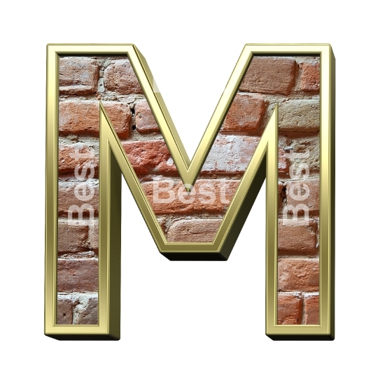 One letter from old brick with gold frame alphabet set, isolated on white.