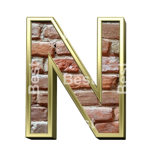 One letter from old brick with gold frame alphabet set, isolated on white.