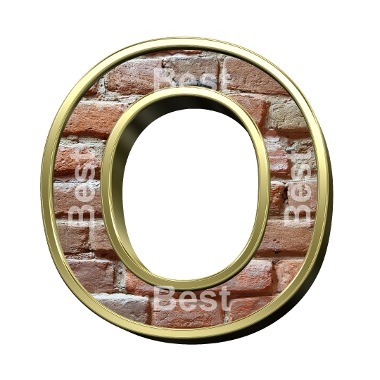 One letter from old brick with gold frame alphabet set, isolated on white.
