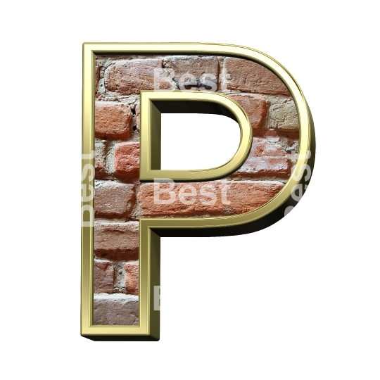 One letter from old brick with gold frame alphabet set, isolated on white.