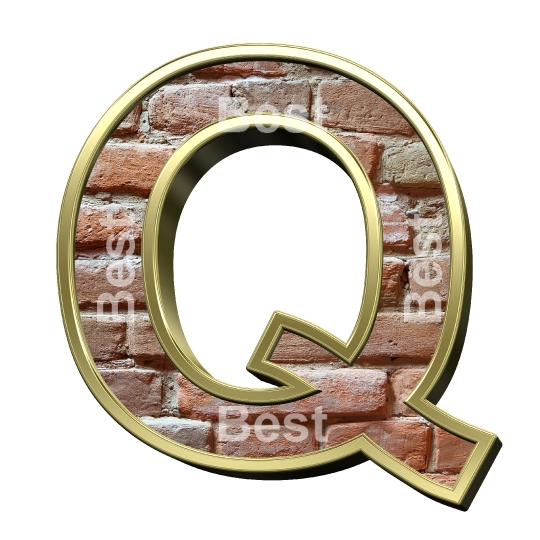 One letter from old brick with gold frame alphabet set, isolated on white.