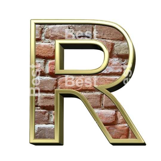 One letter from old brick with gold frame alphabet set, isolated on white.
