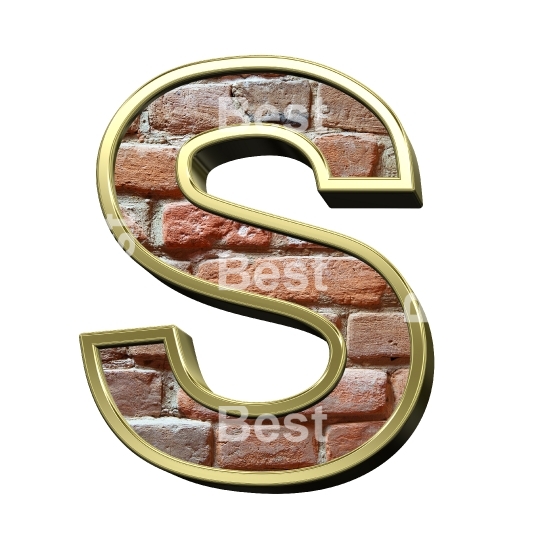 One letter from old brick with gold frame alphabet set, isolated on white.