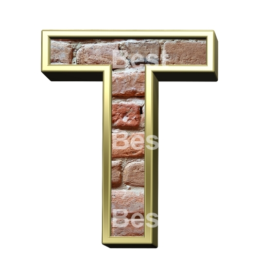 One letter from old brick with gold frame alphabet set, isolated on white.