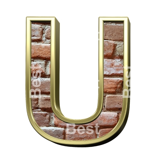 One letter from old brick with gold frame alphabet set, isolated on white.