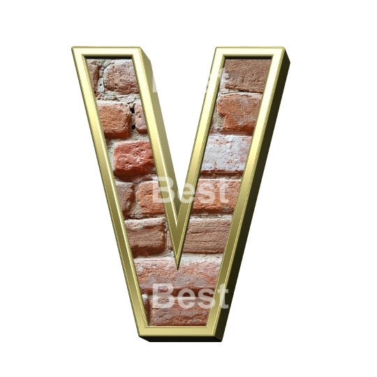 One letter from old brick with gold frame alphabet set, isolated on white.