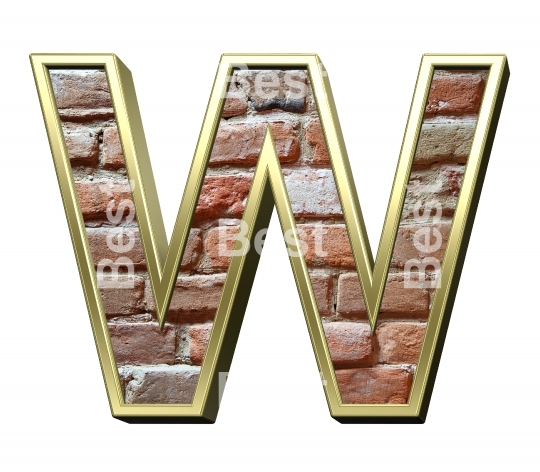 One letter from old brick with gold frame alphabet set, isolated on white.