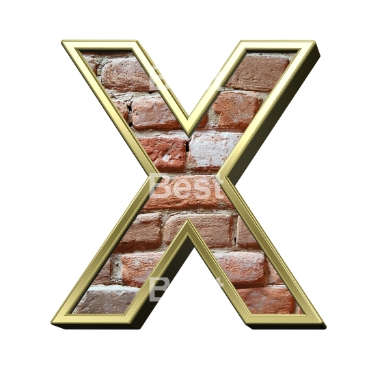 One letter from old brick with gold frame alphabet set, isolated on white.