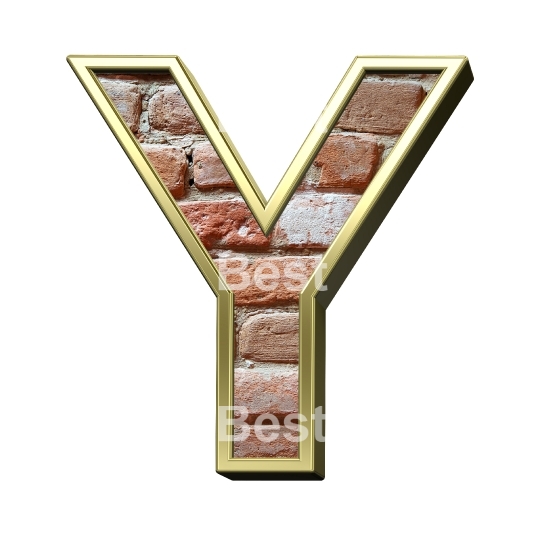 One letter from old brick with gold frame alphabet set, isolated on white.