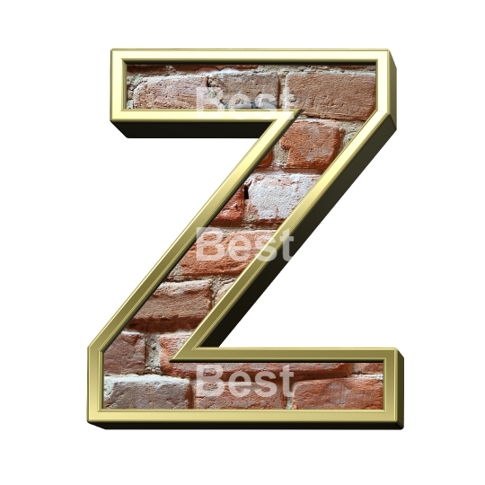 One letter from old brick with gold frame alphabet set, isolated on white.