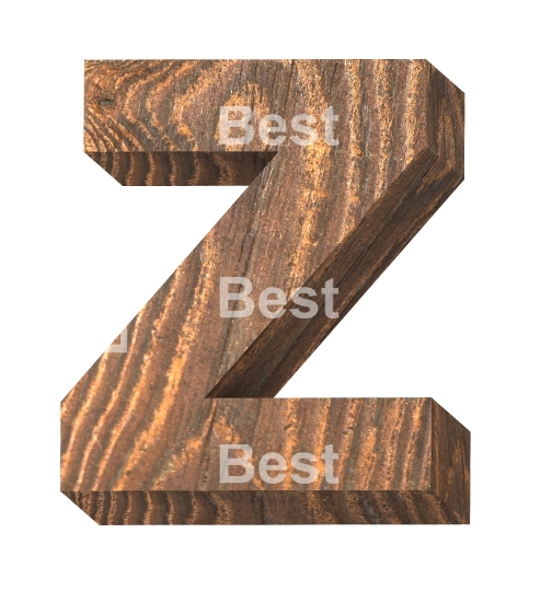 One letter from old pine wood alphabet set isolated over white. 