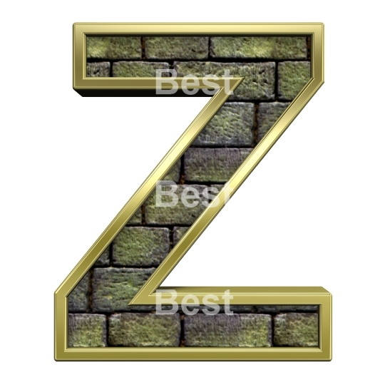 One letter from old stone with gold frame alphabet set