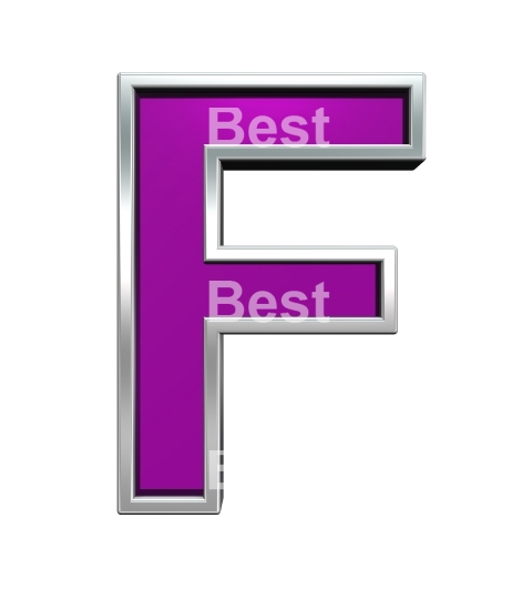 One letter from purple glass with chrome frame alphabet set, isolated on white. 