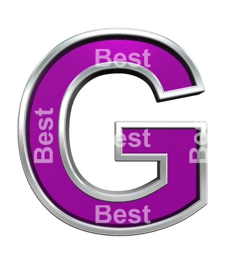 One letter from purple glass with chrome frame alphabet set, isolated on white. 