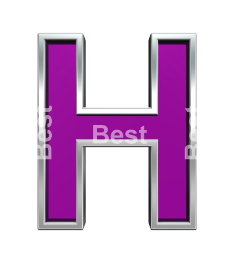 One letter from purple glass with chrome frame alphabet set, isolated on white. 
