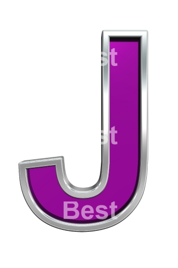 One letter from purple glass with chrome frame alphabet set, isolated on white. 