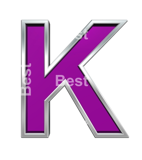 One letter from purple glass with chrome frame alphabet set, isolated on white. 