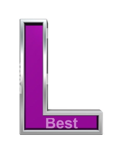 One letter from purple glass with chrome frame alphabet set, isolated on white. 