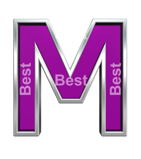 One letter from purple glass with chrome frame alphabet set, isolated on white. 