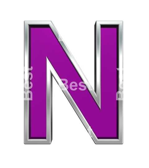 One letter from purple glass with chrome frame alphabet set, isolated on white. 