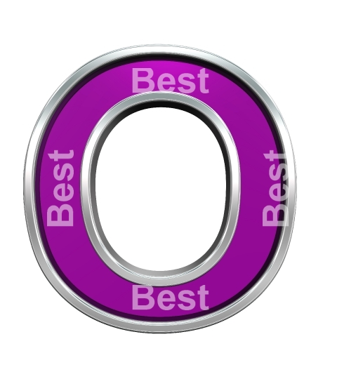 One letter from purple glass with chrome frame alphabet set, isolated on white. 