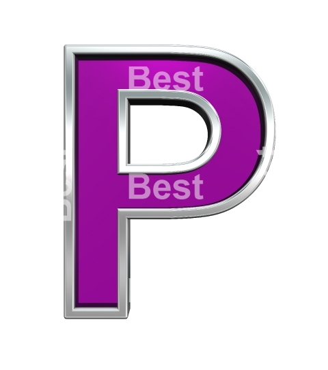 One letter from purple glass with chrome frame alphabet set, isolated on white. 
