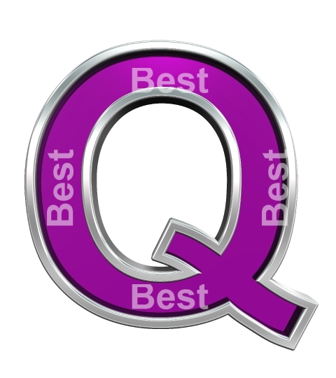 One letter from purple glass with chrome frame alphabet set, isolated on white. 